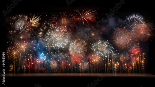 Happy New Year 2024, colorful greeting car,d fire works,  golden sparkle. Celebration concept. 