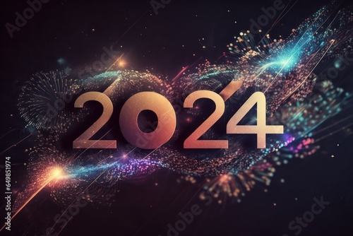 Happy New Year 2024, colorful greeting car,d fire works,  golden sparkle. Celebration concept. 