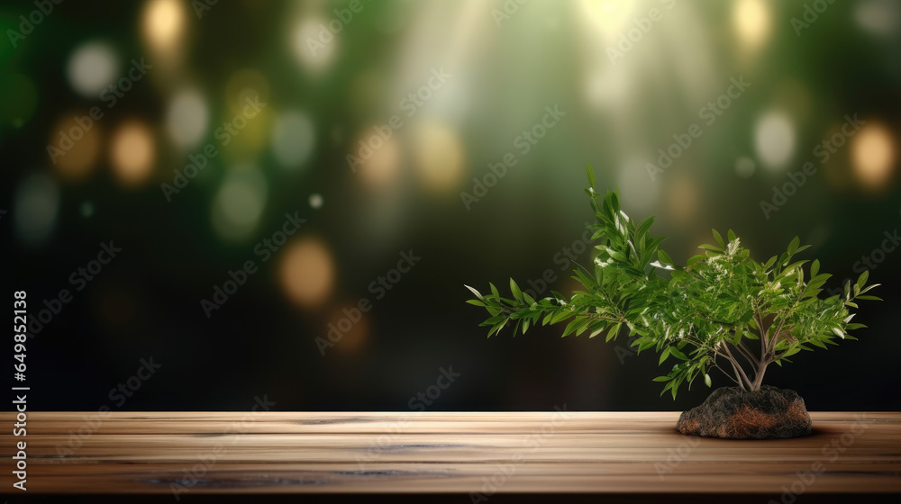 Nature background and table wood for product display template, Empty wooden over blur green tree at forest , garden outdoor with bokeh light background