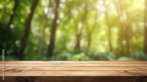 Wooden table and blurred green nature garden background