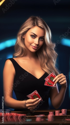 happy smiling live dealer girl in black