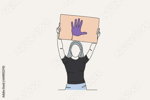 Color illustration of a woman supporting stopping violence. International day for the elimination of violence agains women one-line drawing