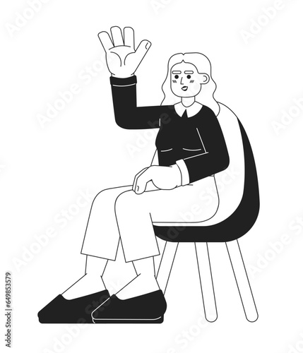 Middle eastern young woman raising hand up black and white 2D cartoon character. Female webinar participant isolated vector outline person. Lecture listener girl monochromatic flat spot illustration