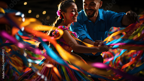 pareja de bailarines mexicanos ella usa una falda multicolor para interpretar sones y bailes del folklore mexicanos por las fiestas patrias del 15 de septiembre photo