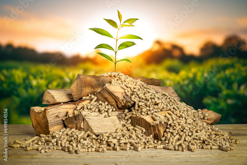 wood pellets and logs with green plant © tiero