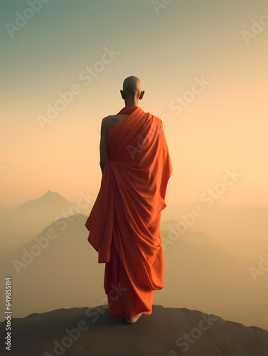 Buddhist monk standing on mountaintop at beautiful sunset or sunrise