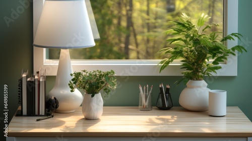 Desk in front of the window with a white desk lamp, a small green plant is placed on the table.