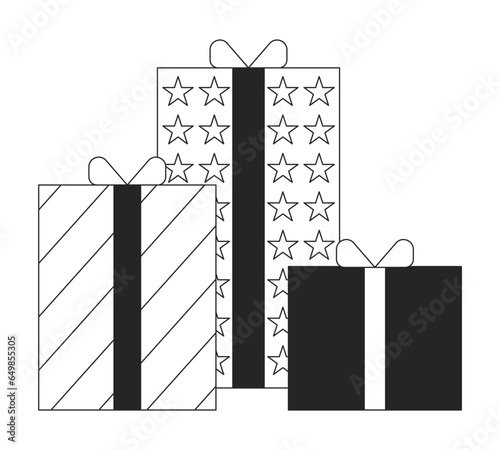 Birthday bonus gift boxes black and white 2D line cartoon object. Black Friday holiday deals isolated vector outline item. Promotional awards. Presents Christmas monochromatic flat spot illustration