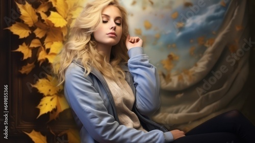 Beautiful blonde girl in a blue jacket sleeping, autumnal background created with Generative AI