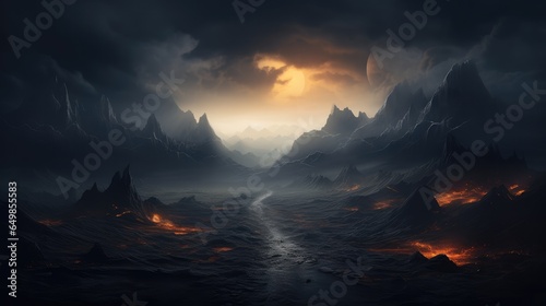 Fantasy art of a beautiful black sand desert and mountain with ominous storm clouds.