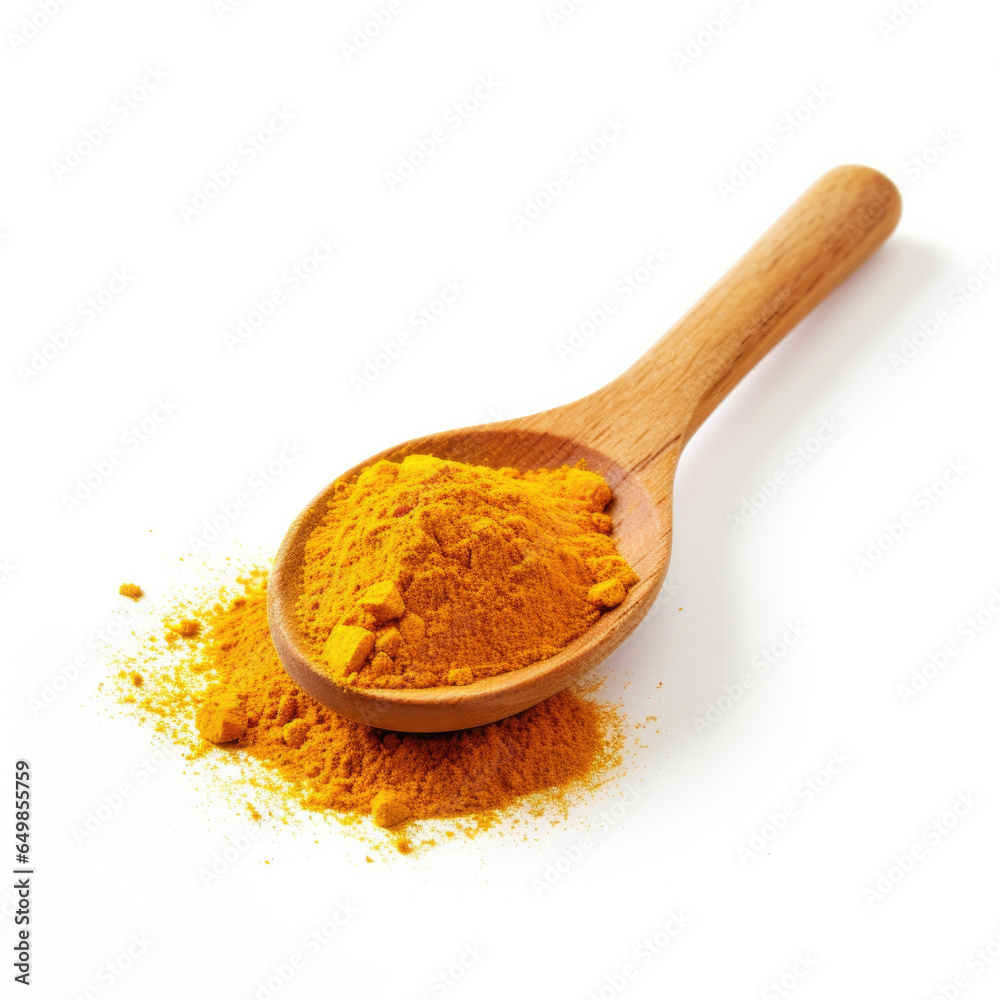 A Wooden Spoon of Turmeric Isolated on a White Background A Wooden Spoon of Turmeric Isolated on a White Background