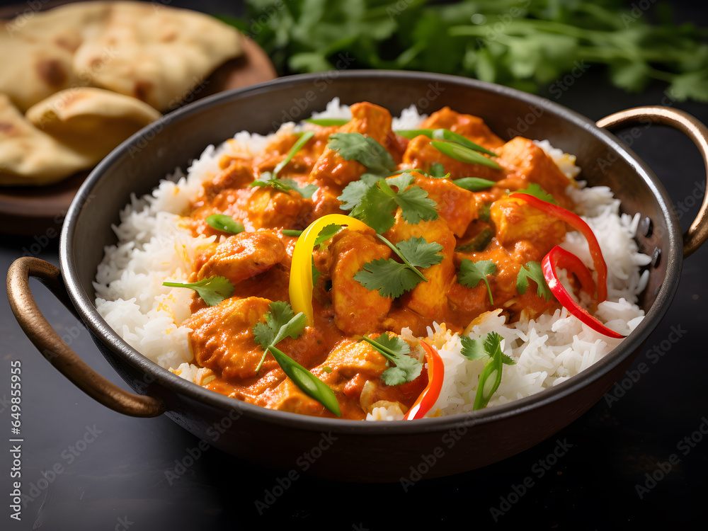 Indian Chicken Curry served with fragrant rice. Indian cuisine in every bite of our Indian Chicken Curry with rice. Indian Chicken Curry with rice. Tender chicken, A curry sauce and fluffy rice.