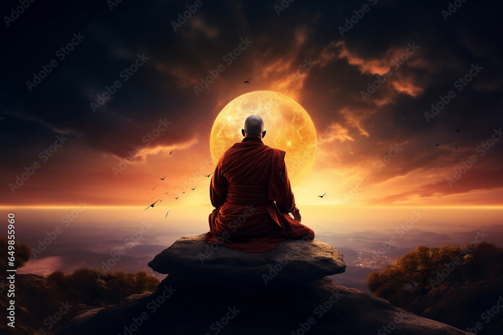 A traditional clothed religious monk is visualize with a concentrated in outer  space a spiritual place at sunset