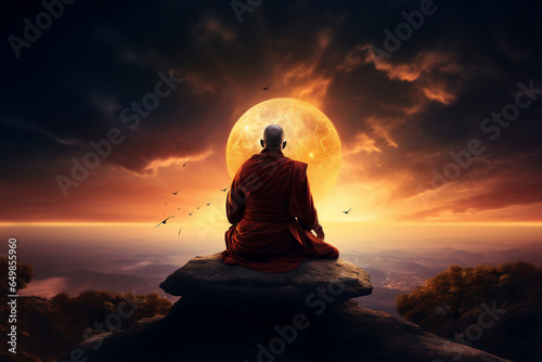 A traditional clothed religious monk is visualize with a concentrated in outer  space a spiritual place at sunset
