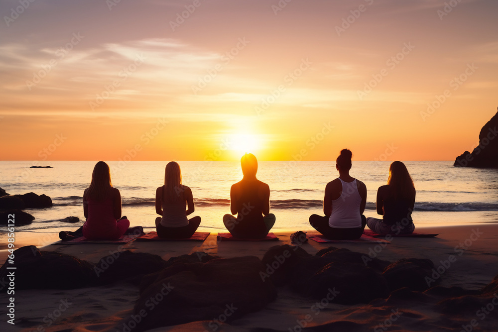 A group of adult happy woman and man are doing yoga exercises relaxed and mindfull with a yoga mat on a beautiful beach at sunset