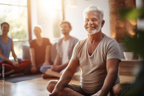 A group of senior happy man is meditating relaxed and mindfull with a yoga mat in a living beautiful room at sunset