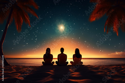 A group of young happy woman and man are meditating relaxed and mindfull with a yoga mat on a beautiful beach at night with stars and full moon
