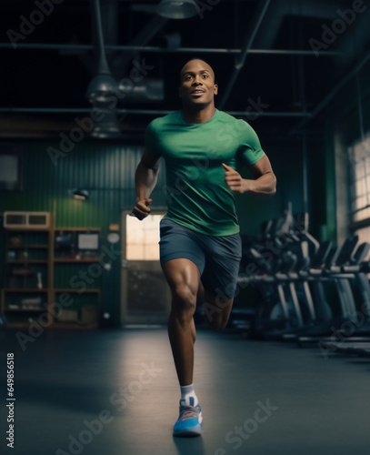 A beautiful strong and fit African American man is running concentrated and smiling with running shoes in a beautiful gym ; a fit senior person