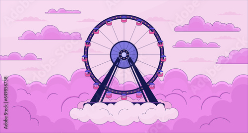 Ferris wheel sunset clouds lofi wallpaper. Fairground heaven cloudscape 2D scene cartoon flat illustration. Park amusement sunrise dramatic sky chill vector art, lo fi aesthetic colorful background