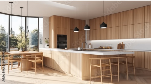Modern Kitchen design with open concept and bar counter. © visoot