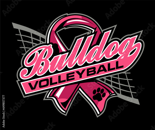 bulldog volleyball team design with pink cancer ribbon for school, college or league sports