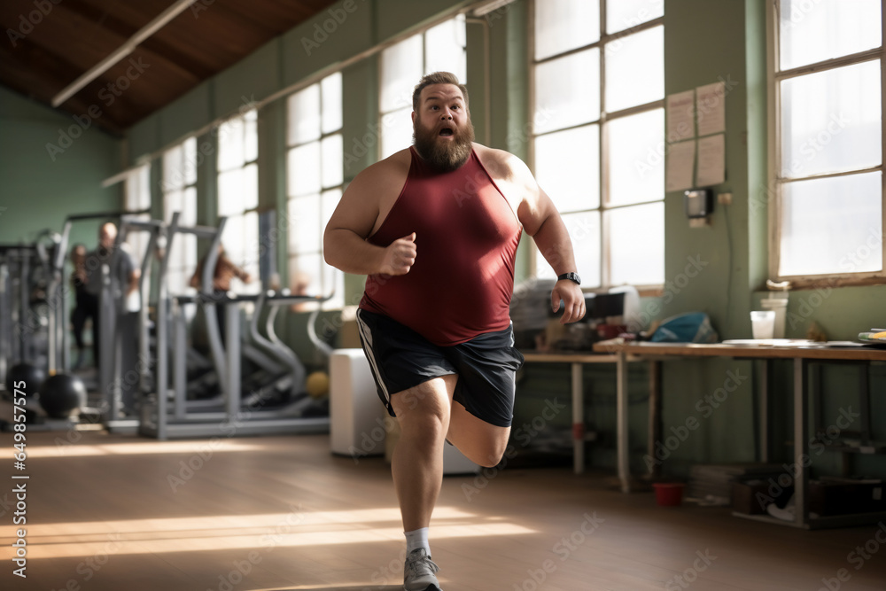 A beautiful strong and fit Caucasian man is running concentrated and smiling with running shoes in a beautiful gym ;an obese young person