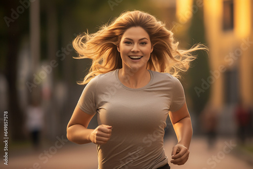 A beautiful strong Caucasian woman is running concentrated and smiling in a beautiful city park ; an obese adult person