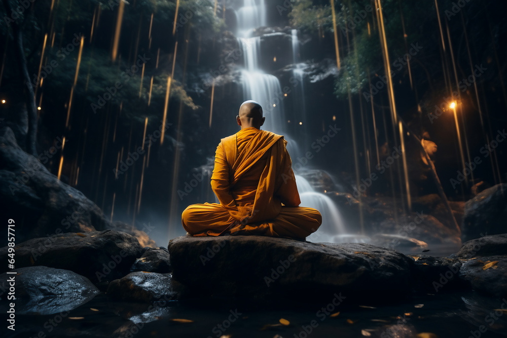 A traditional clothed religious monk is visualize with a concentrated floating in the air in the midst of a forest with waterfall a spiritual place at night A traditional clothed religious monk is visualize with a concentrated floating in the air in the midst of a forest with waterfall a spiritual place at night