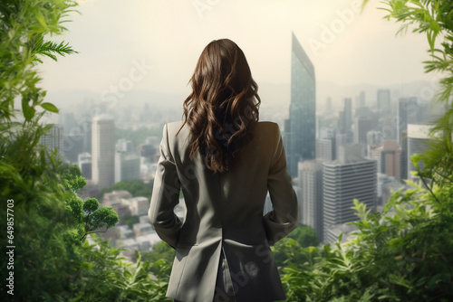 An asian entrepreneur or business woman are standing seen from the back with a modern suit with an urban and forest beautiful background ; career concept and a business background on a sunny day