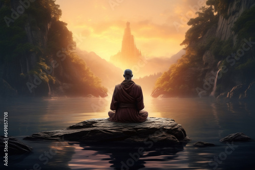 A traditional clothed spiritual monk is sitting an meditating with a concentrated floating in the air in the midst of a forest with  waterfall a spiritual place at sunset © pangamedia