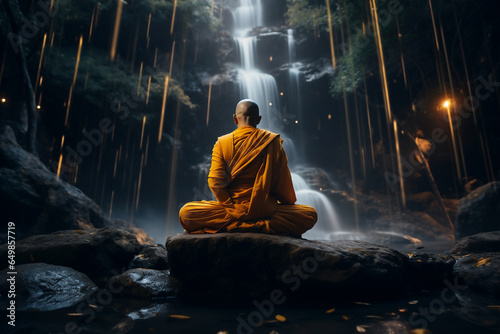 A traditional clothed religious monk is visualize with a concentrated floating in the air in the midst of a forest with waterfall a spiritual place at night