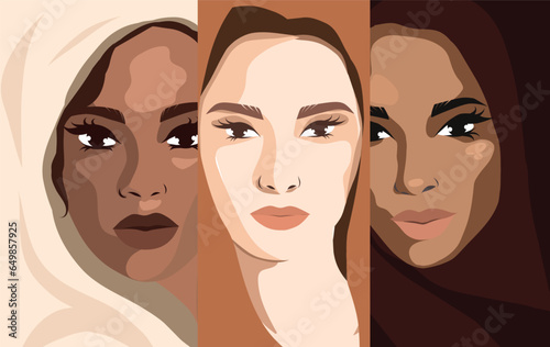 Vector flat banner poster for International Women's Day, women of different cultures. Vector concept of movement for gender equality and women's empowerment