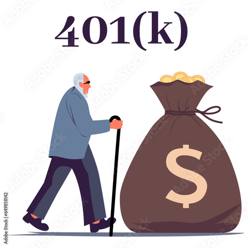 Old man walking towards a bag of money with a dollar sign on it, mobility using a cane 401K flat style stock vector illustration, Old man chasing money concept vector image