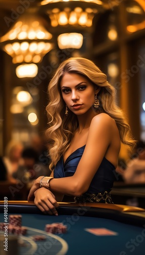 The blackjack and poker tables and beautiful woman.