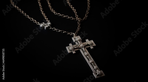 image that isolates the silver cross on the priest's necklace against a black background, emphasizing it as a powerful symbol of faith and spirituality.