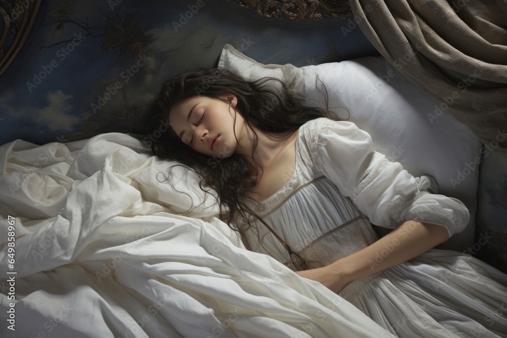 A woman sleeping peacefully in a flowing white dress created with Generative AI technology A woman sleeping peacefully in a flowing white dress created with Generative AI technology