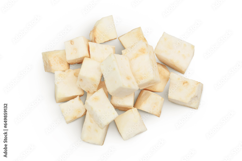 diced celery root isolated on white background. Top view. Flat lay. diced celery root isolated on white background. Top view. Flat lay.
