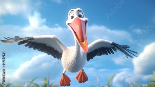 Flying smiling stork in cartoon style Generative Ai photo