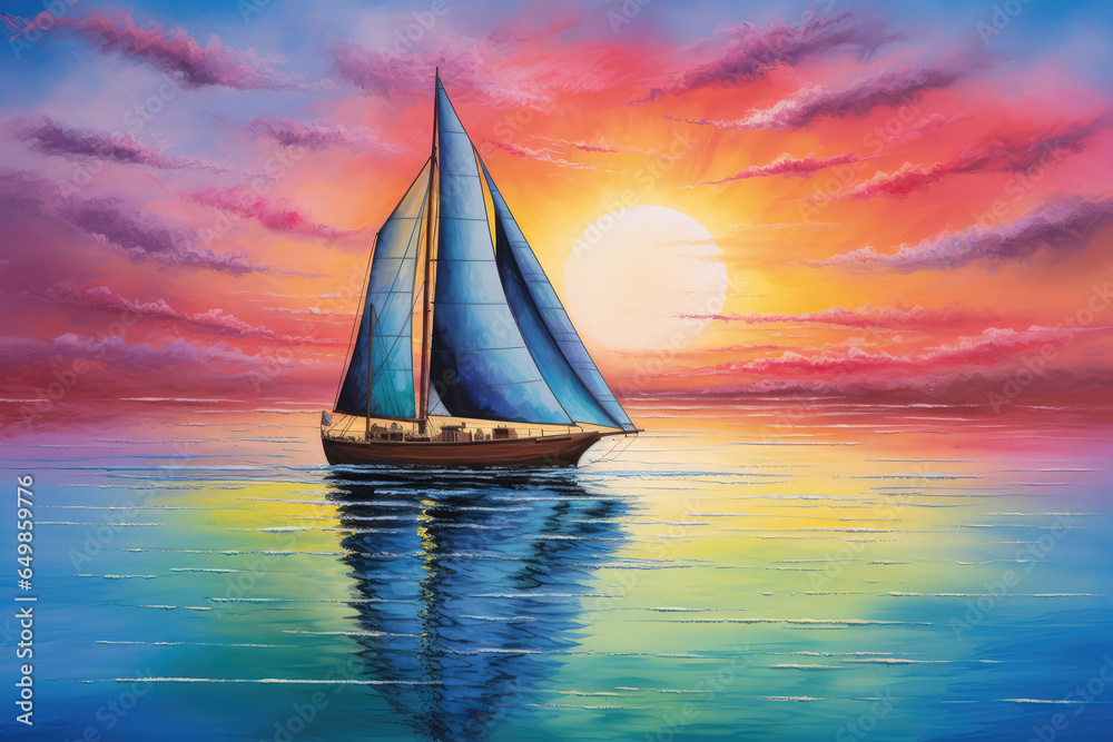 Sailing Boat On Calm Waters Painted With Crayons