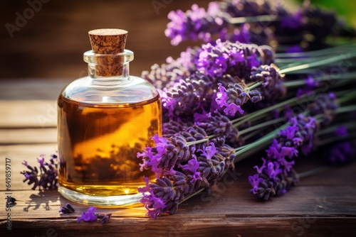 A bottle of lavender oil next to a bunch of lavender flowers created with Generative AI technology