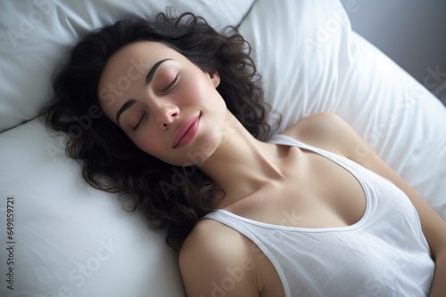 A woman peacefully resting on a bed with her eyes closed created with Generative AI technology