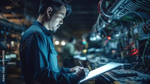 Chinese man using tablet computer writing code in a robot factory.