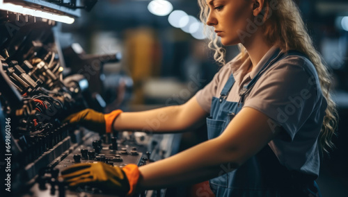 Woman technician working at in automotive factory, Auto industry technology.