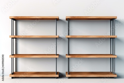 Loft-style shelving: metal and wood, isolated. Front and angled view. Empty for office or home. Modern design. Generative AI