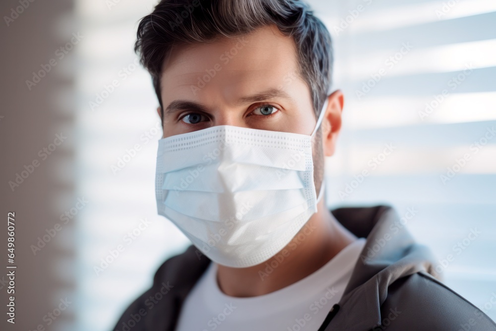 man wears a medical face mask in the living room at home man wears a medical face mask in the living room at home