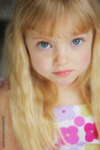 Portrait Of A Girl With Long Blond Hair And Blue Eyes; Troutdale, Oregon, United States Of America photo