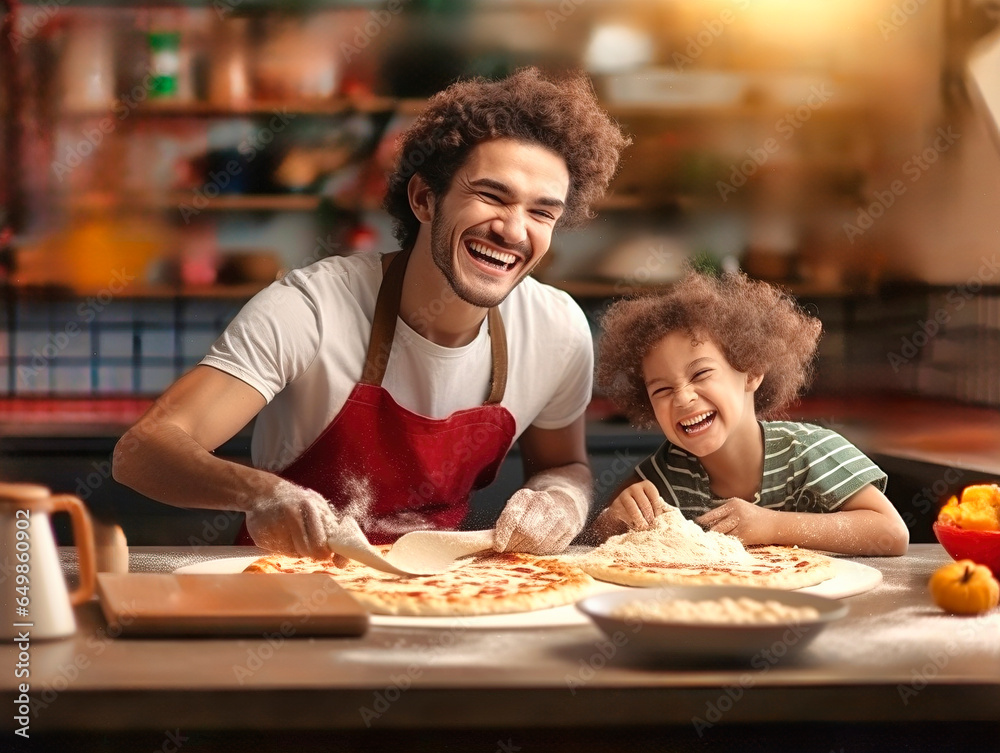 Father and son in the kitchen having a great time while making a pizza