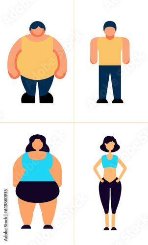 Fat person and fit person flat style vector illustration, Different body types, Obese person and lean person, Woman and man fit and unfit stock vector image