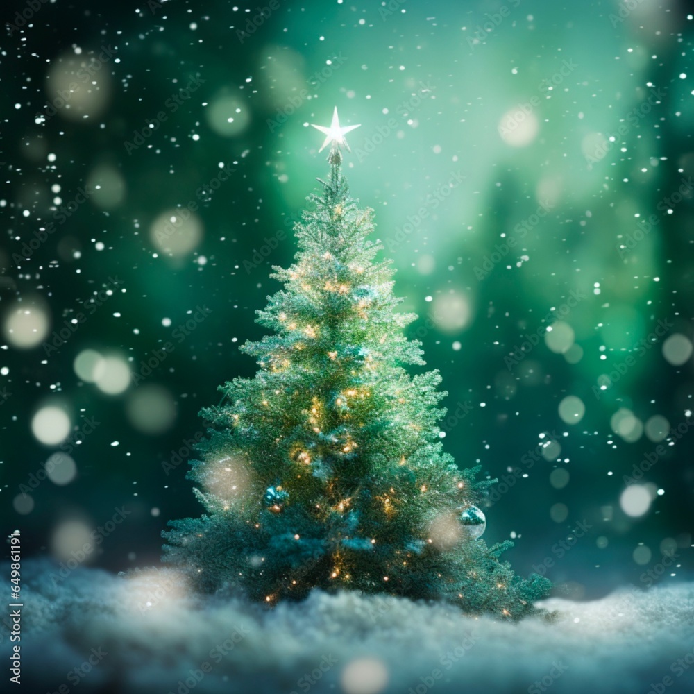 A Christmas Tree and a snowy day in winter. Blurred and bokeh background. 