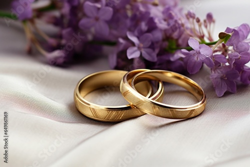 Two gold wedding bands rest on a bed of purple flowers against a pristine white backdrop. Generative AI